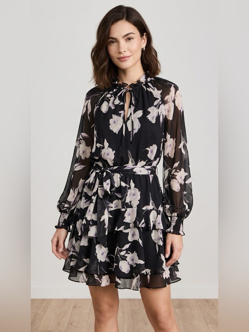Lauren Ralph Lauren Black Label Women's Black Floral Tie-Neck Tiered Dress Sz 6